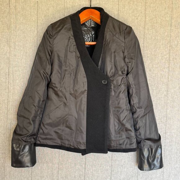 Vintage Newport News Black Wool Blend Faux Leather Floral Applique Collar Coat - Picture 9 of 14